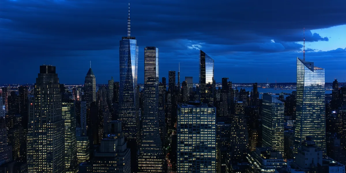 Abstract representation of New York City financial district at dusk, framing a professional legal technology context