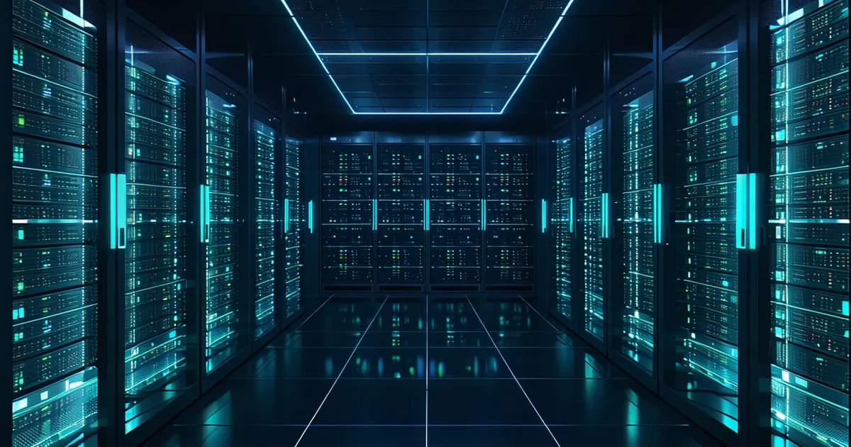 Secure server room with encrypted data visualization overlay