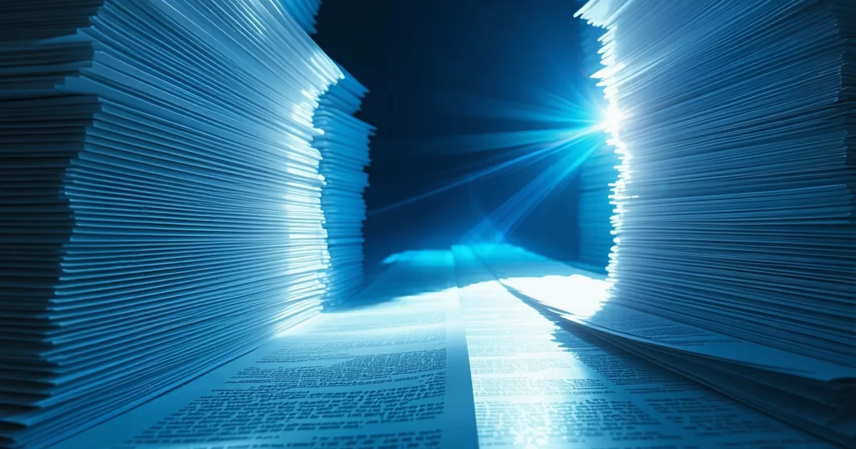 Abstract visualization of thousands of documents converging into a structured report