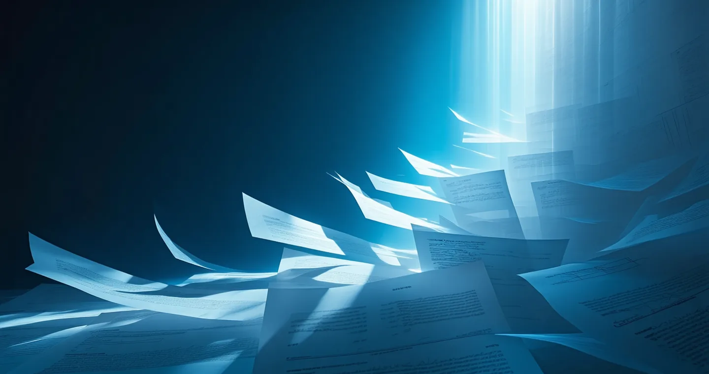 Abstract visualization of thousands of legal documents being processed and condensed into a structured diligence memo, with glowing data streams